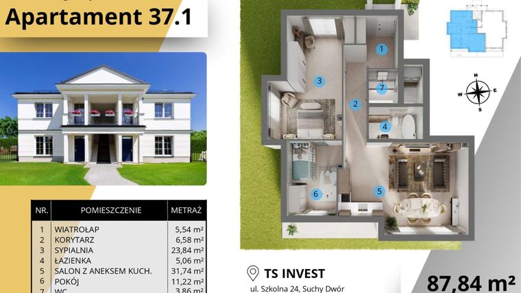 Rzut - Mieszkanie na sprzedaż 3 pokoje o powierzchni 87,28 m² - numer 37.1. w Ogrody Tesoro VI
