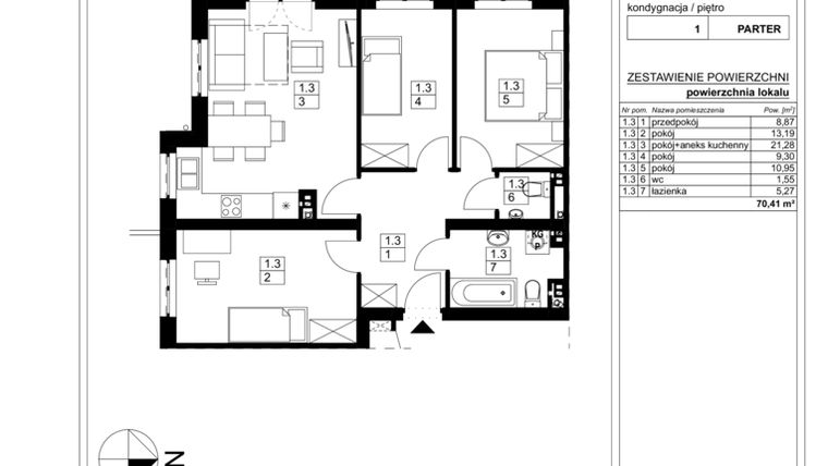 Rzut - Mieszkanie na sprzedaż 4 pokoje o powierzchni 70,41 m² - numer B1.3 w Sosnowy Park etap II