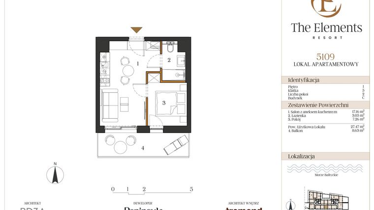 Rzut - Mieszkanie na sprzedaż 2 pokoje o powierzchni 27,47 m² - numer C5109 w The Elements Resort