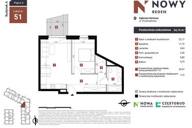 Rzut - Mieszkanie na sprzedaż 2 pokoje o powierzchni 54,19 m² - numer A51 w Nowy Reden