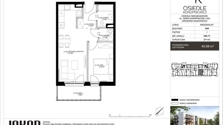 Rzut - Mieszkanie na sprzedaż 2 pokoje o powierzchni 40,88 m² - numer 34A.11 w Osiedle Konopnickiej etap II