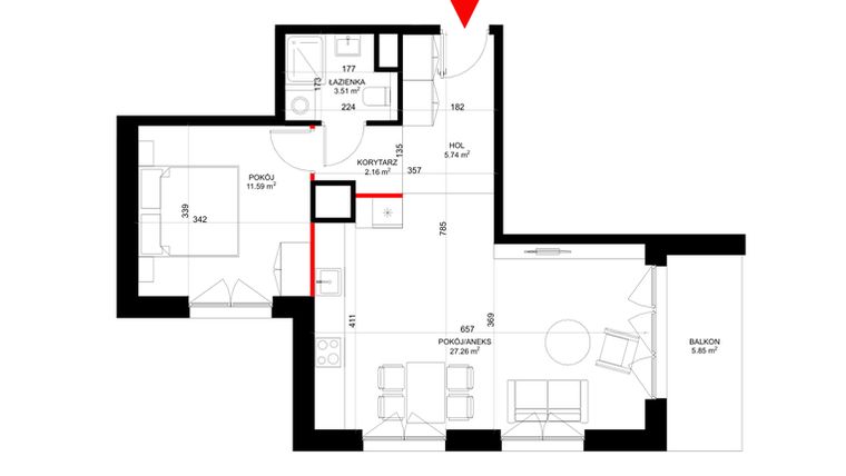 Rzut - Mieszkanie na sprzedaż 2 pokoje o powierzchni 50,25 m² - numer F.2.2 w INSPIRE ETAP V – bud. F, G