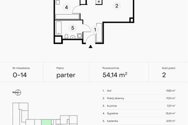 Rzut - Mieszkanie na sprzedaż 2 pokoje o powierzchni 54,14 m² - numer 0-14 w Pączka 1