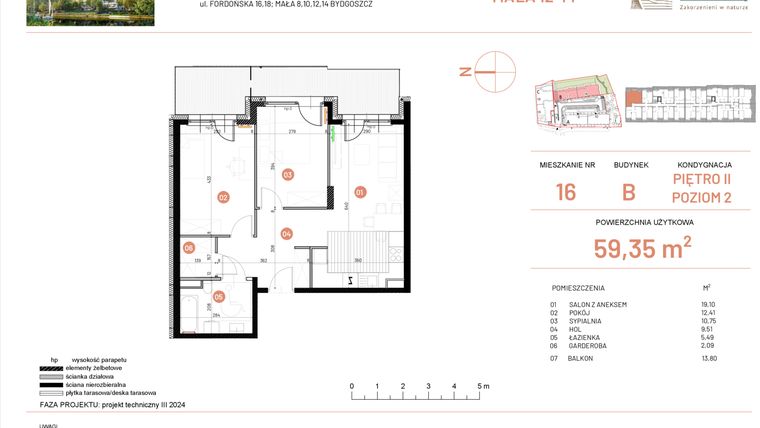 Rzut - Mieszkanie na sprzedaż 3 pokoje o powierzchni 59,35 m² - numer 12.16 w Osiedle Nowe Horyzonty etap III