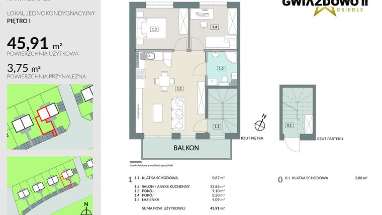 Rzut - Mieszkanie na sprzedaż 3 pokoje o powierzchni 49,66 m² - numer D7.2 w Gwiazdowo II
