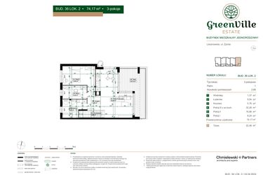 Rzut - Mieszkanie na sprzedaż 3 pokoje o powierzchni 74,17 m² - numer 36.2 w Green Ville