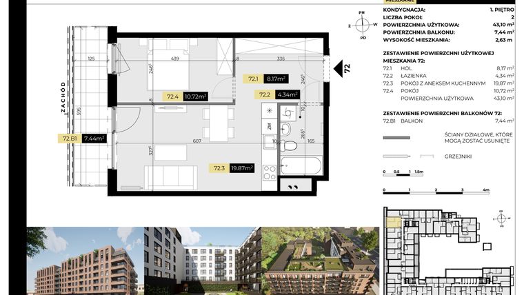 Rzut - Mieszkanie na sprzedaż 2 pokoje o powierzchni 43,1 m² - numer M/72 w Tarasy Śląskie