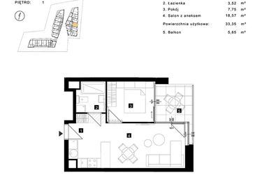Rzut - Mieszkanie na sprzedaż 2 pokoje o powierzchni 33,35 m² - numer C.1.10 w Cisha Apartamenty Dziwnów