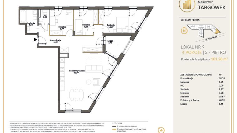 Rzut - Mieszkanie na sprzedaż 4 pokoje o powierzchni 101,15 m² - numer 9 w Markowy Targówek