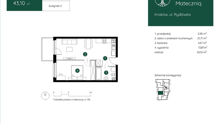 Rzut - Mieszkanie na sprzedaż 2 pokoje o powierzchni 43,1 m² - numer 4.A.1.05 w Murapol Mateczniq bud. 4