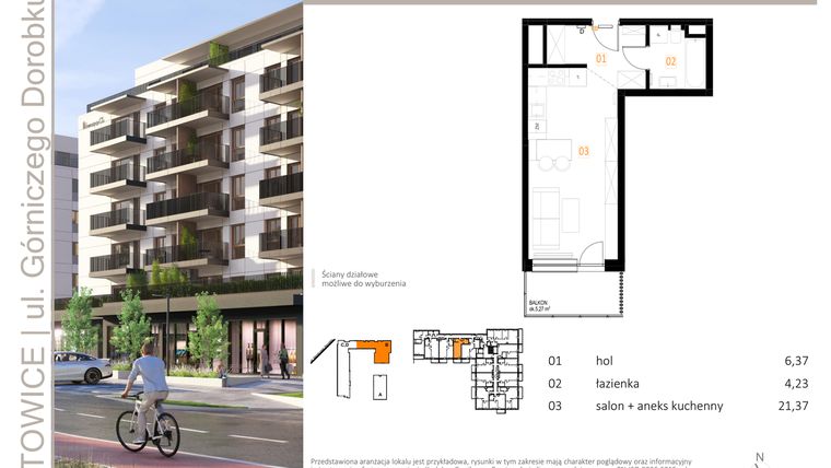 Rzut - Mieszkanie na sprzedaż 1 pokój o powierzchni 31,97 m² - numer B_44 w Zielony Nikiszowiec