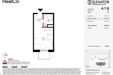 Rzut - Mieszkanie na sprzedaż 1 pokój o powierzchni 28,95 m² - numer A.7.8 w Elewator - Mieszkania i Lofty