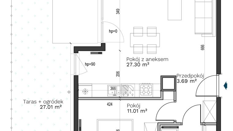 Rzut - Mieszkanie na sprzedaż 2 pokoje o powierzchni 46,19 m² - numer B-9 w Destino