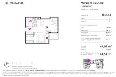 Rzut - Mieszkanie na sprzedaż 2 pokoje o powierzchni 44,34 m² - numer 13.A.1.2 w Murapol Siewierz Jeziorna