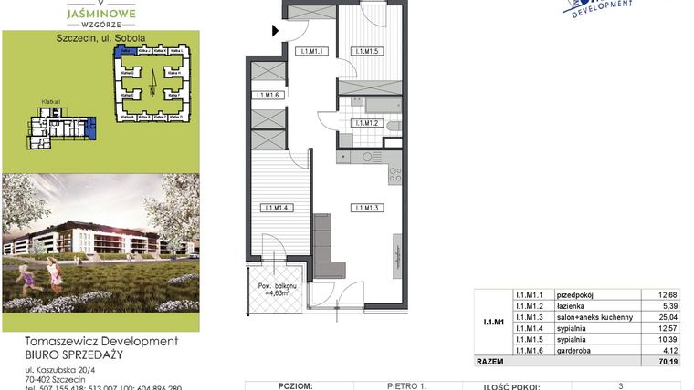 Rzut - Mieszkanie na sprzedaż 3 pokoje o powierzchni 70,19 m² - numer I1M1 w Jaśminowe Wzgórze - etap II