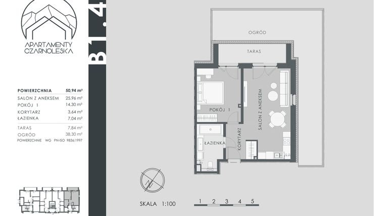 Rzut - Mieszkanie na sprzedaż 2 pokoje o powierzchni 50,94 m² - numer B1.4 w Apartamenty Czarnoleska