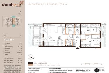 Rzut - Mieszkanie na sprzedaż 3 pokoje o powierzchni 70,8 m² - numer D3 w Domkove Widzew