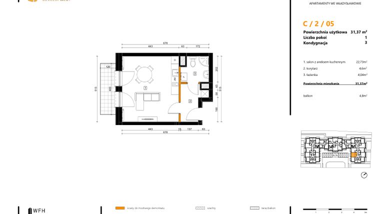 Rzut - Mieszkanie na sprzedaż 1 pokój o powierzchni 31,37 m² - numer C.2.05 w SPOT