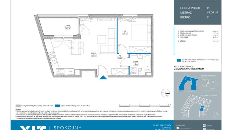 Rzut - Mieszkanie na sprzedaż 2 pokoje o powierzchni 49,04 m² - numer FB0205 w Spokojny Mokotów etap II