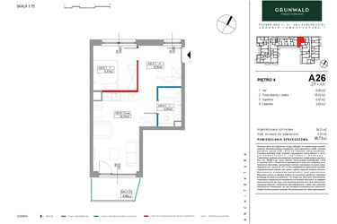 Rzut - Mieszkanie na sprzedaż 2 pokoje o powierzchni 38,21 m² - numer A026 w Grunwald Między Drzewami etap II