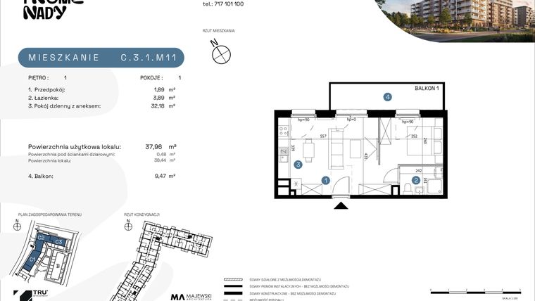 Rzut - Mieszkanie na sprzedaż 1 pokój o powierzchni 37,96 m² - numer C.3.1.M11 w Nowe Promenady etap II