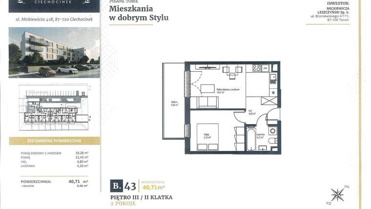 Rzut - Mieszkanie na sprzedaż 2 pokoje o powierzchni 40,71 m² - numer B43 w Mickiewicza