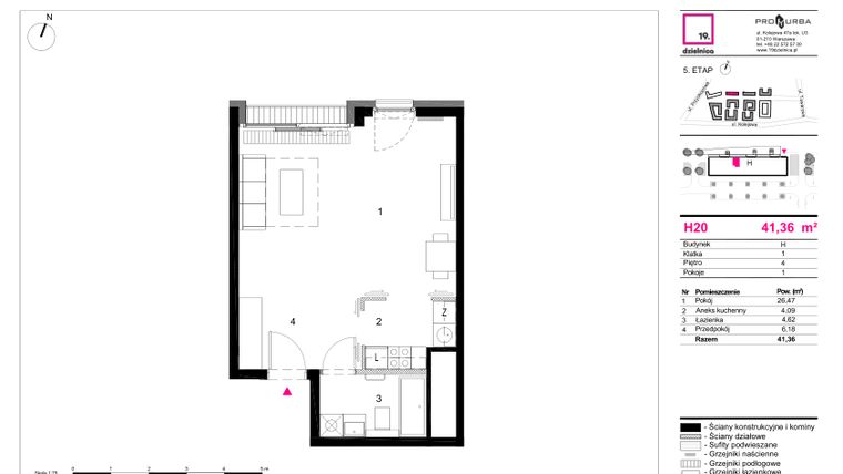 Rzut - Mieszkanie na sprzedaż 1 pokój o powierzchni 41,36 m² - numer H20 w 19. Dzielnica Etap V