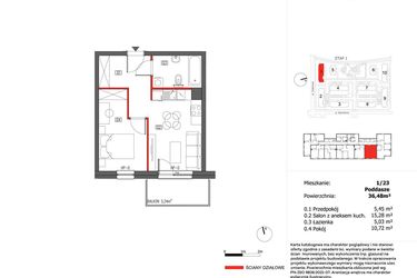 Rzut - Mieszkanie na sprzedaż 2 pokoje o powierzchni 36,48 m² - numer 1/23 w Słoneczny Zakątek