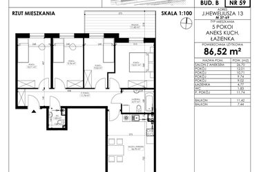 Rzut - Mieszkanie na sprzedaż 5 pokoi o powierzchni 86,52 m² - numer JAR-II-B-LM-M59 w Osiedle JAR Heweliusza etap II