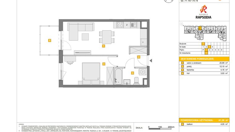 Rzut - Mieszkanie na sprzedaż 2 pokoje o powierzchni 41,08 m² - numer A.75 w Osiedle Rapsodia