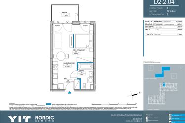 Rzut - Mieszkanie na sprzedaż 1 pokój o powierzchni 32,74 m² - numer D2.2.04 w Nordic Bemowo - etap IV