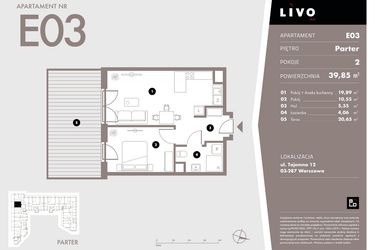 Rzut - Mieszkanie na sprzedaż 2 pokoje o powierzchni 39,85 m² - numer E03 w Livo