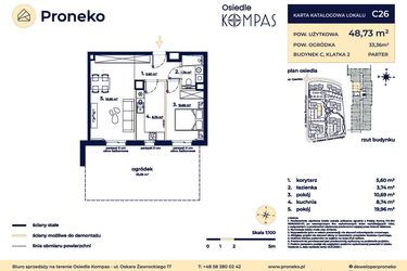Rzut - Mieszkanie na sprzedaż 2 pokoje o powierzchni 48,73 m² - numer C26 w Osiedle Kompas