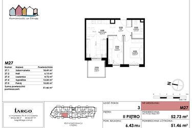 Rzut - Mieszkanie na sprzedaż 3 pokoje o powierzchni 51,46 m² - numer M27 w Kamieniczki za Strugą