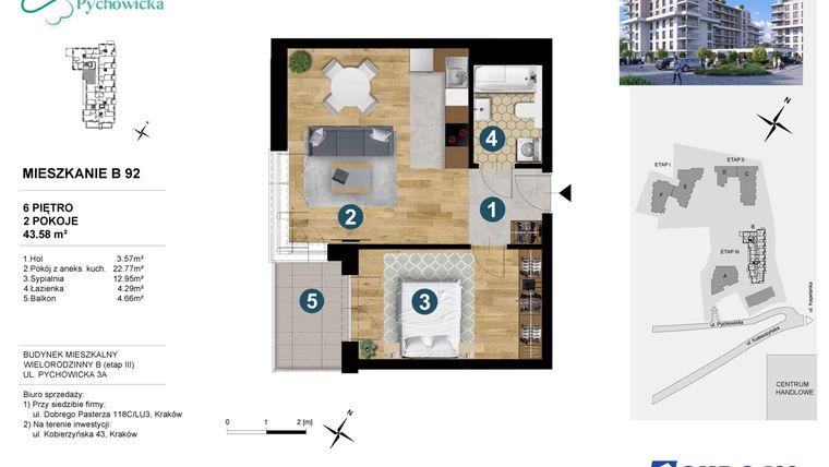 Rzut - Mieszkanie na sprzedaż 2 pokoje o powierzchni 43,58 m² - numer B92 w Kapelanka-Pychowicka Etap III