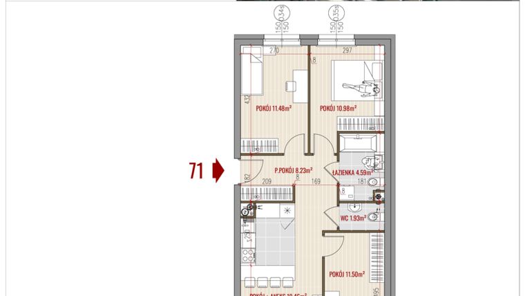 Rzut - Mieszkanie na sprzedaż 4 pokoje o powierzchni 67,17 m² - numer 71 w HUZAR B3