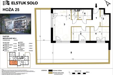 Rzut - Mieszkanie na sprzedaż 3 pokoje o powierzchni 55,45 m² - numer 4 w Hoża 25
