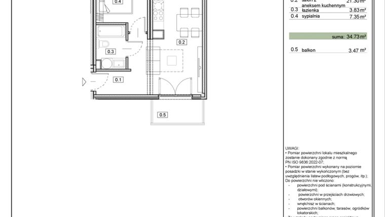 Rzut - Mieszkanie na sprzedaż 2 pokoje o powierzchni 34,73 m² - numer ZL-1.5 w Zielony Lewandów