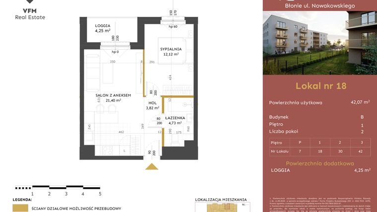 Rzut - Mieszkanie na sprzedaż 2 pokoje o powierzchni 42,07 m² - numer 18 w Stacja Błonie etap II