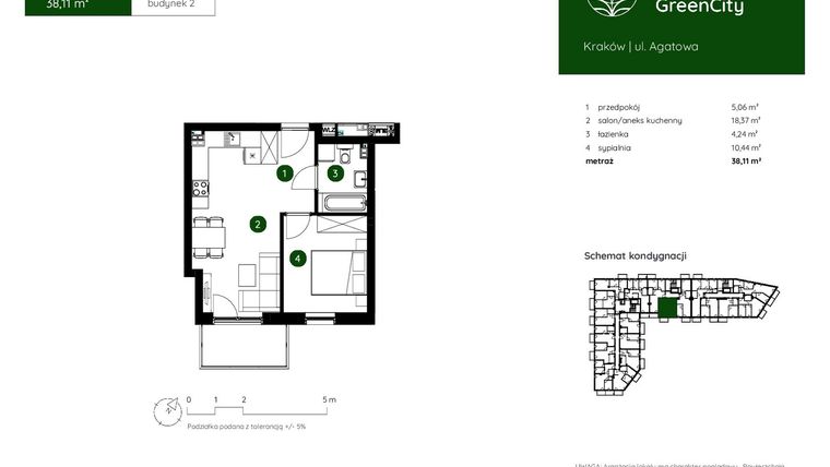 Rzut - Mieszkanie na sprzedaż 2 pokoje o powierzchni 38,11 m² - numer 2.B.1.02 w Murapol GreenCity bud. 2