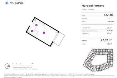 Rzut - Mieszkanie na sprzedaż 1 pokój o powierzchni 27,52 m² - numer 1.A.1.05 w Murapol Portovo etap II