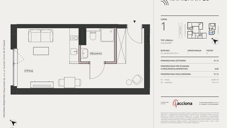 Rzut - Mieszkanie na sprzedaż 1 pokój o powierzchni 31,15 m² - numer 4.1 w Kamienna 28 - apartamenty inwestycyjne