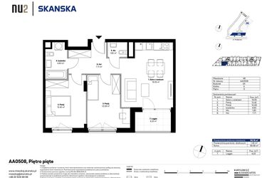 Rzut - Mieszkanie na sprzedaż 3 pokoje o powierzchni 58,16 m² - numer AA0508 w NU2 Warszawa Wola