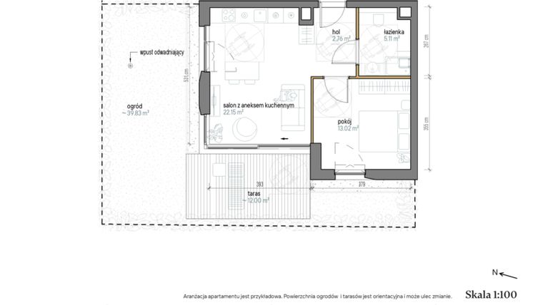 Rzut - Mieszkanie na sprzedaż 2 pokoje o powierzchni 43,04 m² - numer B/0/1 w Kopernika 71