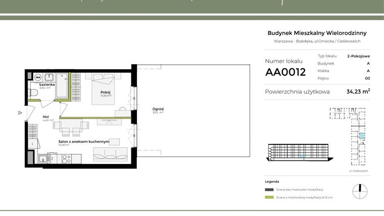 Rzut - Mieszkanie na sprzedaż 2 pokoje o powierzchni 34,23 m² - numer AA0012 w Orneko