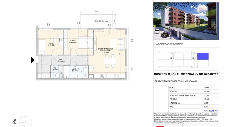 Rzut - Mieszkanie na sprzedaż 3 pokoje o powierzchni 69,38 m² - numer B.28 w Wólczańska 248 - etap II