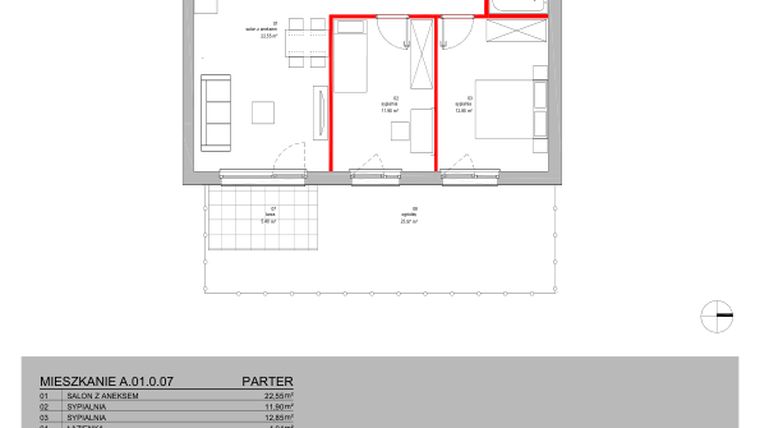 Rzut - Mieszkanie na sprzedaż 3 pokoje o powierzchni 62,24 m² - numer A.01.0.07 w Warszawska 58A