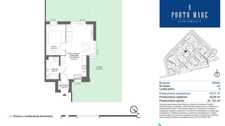 Rzut - Mieszkanie na sprzedaż 2 pokoje o powierzchni 42,03 m² - numer REWA U1 w Porto Mare