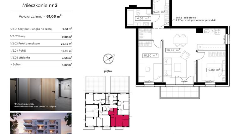 Rzut - Mieszkanie na sprzedaż 3 pokoje o powierzchni 61,06 m² - numer M2 w Novum Rumia - bud. 14