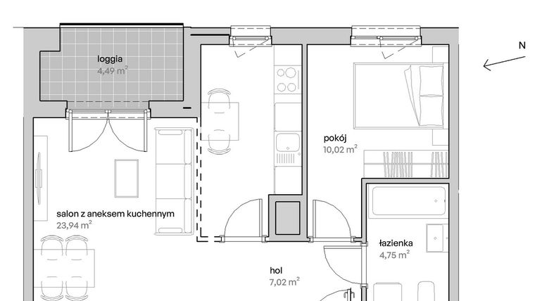 Rzut - Mieszkanie na sprzedaż 2 pokoje o powierzchni 45,73 m² - numer A.09.113 w Unii Lubelskiej Vita